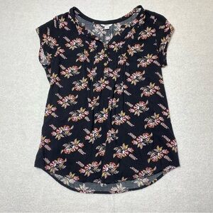Sonoma Floral Blouse Women’s M Black V-Neck Short Sleeve Pleated Half Button Top